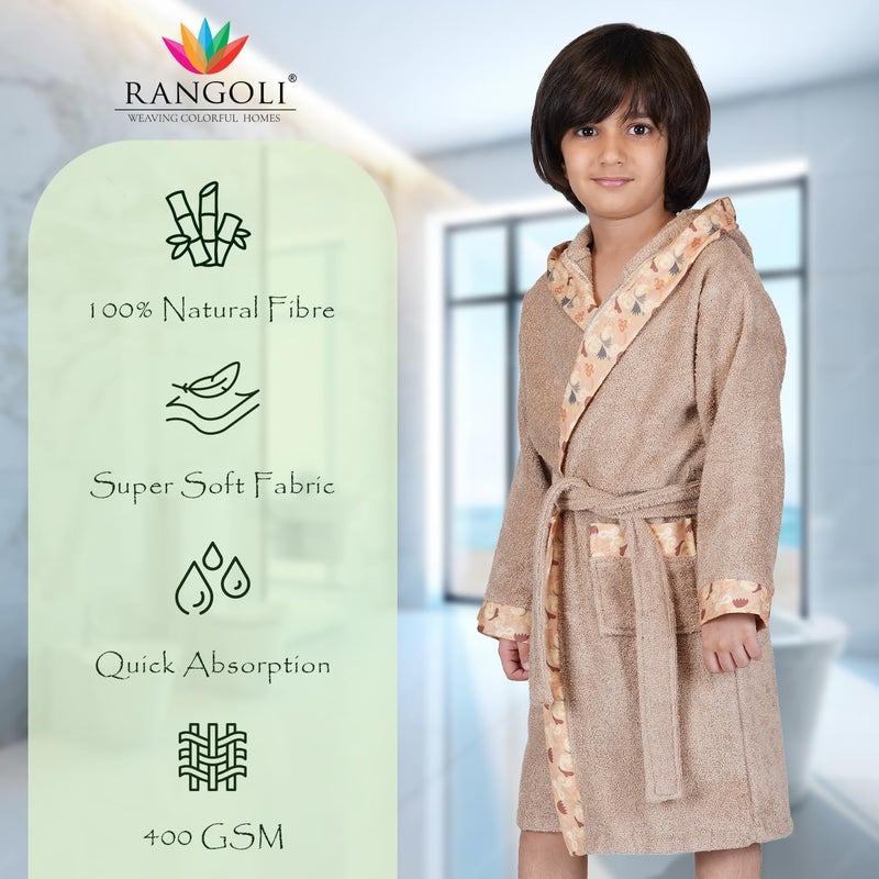 Rangoli Premium 100% Bamboo Kids Bathrobe, 500 GSM - Ultra Soft Hooded Bathrobe for Boys with 2 Pockets and Adjustable Belt, Beige - Image 2