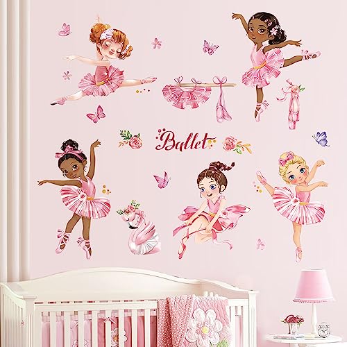 wondever Ballet Girl Wall Stickers Ballerina Pink Dancing Girl Peel and Stick Wall Art Decals for Girls Bedroom Baby Nursery Kids Bedroom - Image 1