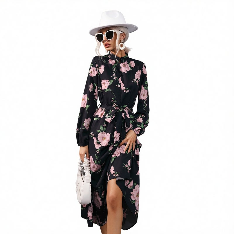 Women's Long Sleeve Floral Print Chiffon Dress with Mock Neck - Image 1