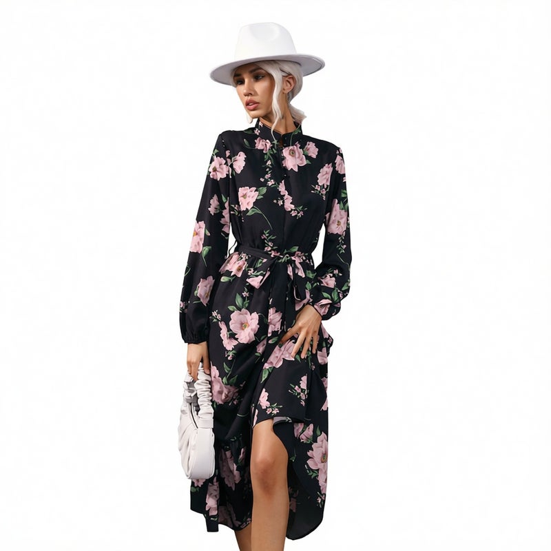 Women's Long Sleeve Floral Print Chiffon Dress with Mock Neck - Image 2