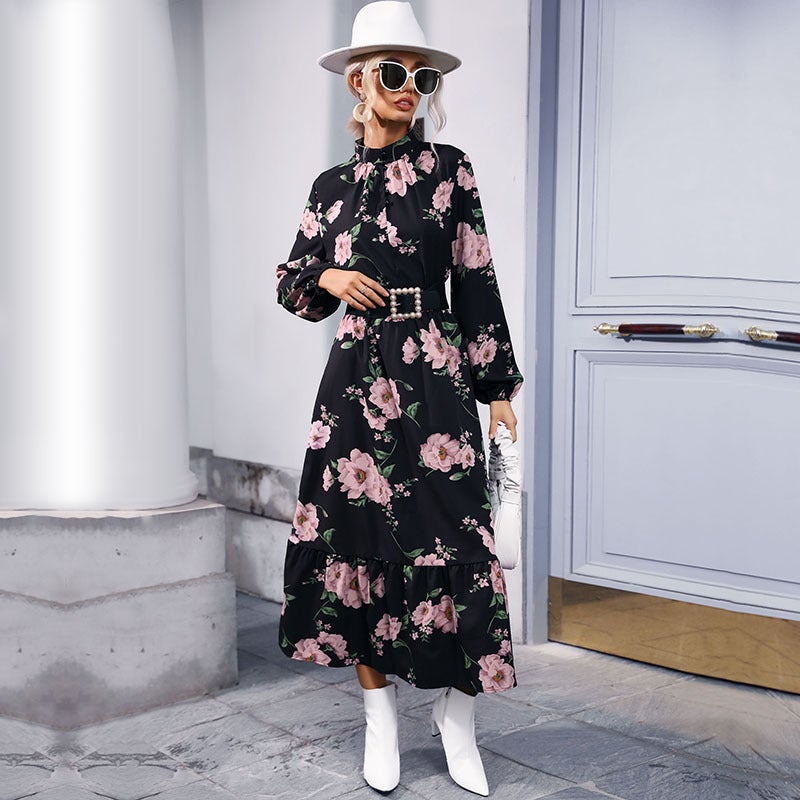 Women's Long Sleeve Floral Print Chiffon Dress with Mock Neck - Image 3