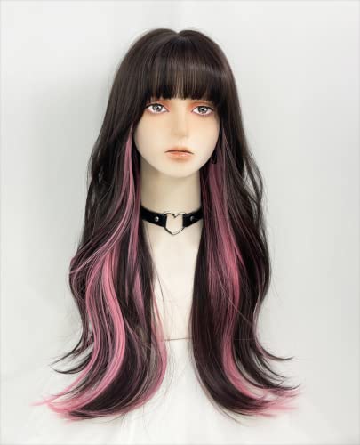 WKLOUYHE Long Wavy Wig for Women Synthetic Curly Wig with Bangs Fibre Cosplay Wig for Girls Daily Use Colorful Wigs BlackBrownPink