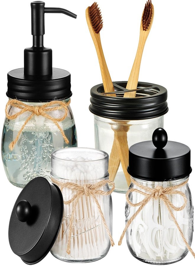 Amolliar Mason Jar Bathroom Accessories Set 4 Pcs -Lotion Soap Dispenser & 2 Qtip Holders & Toothbrush Holder - Rustic Farmhouse Decor, Bathroom Home Decor (Black) - Image 1