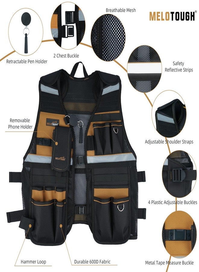 MELOTOUGH Tool Vest Reflective Safety Tool Vest with Removable Phone Holder for Electrician,Carpenter,Construction, Khaki, One size - Image 2