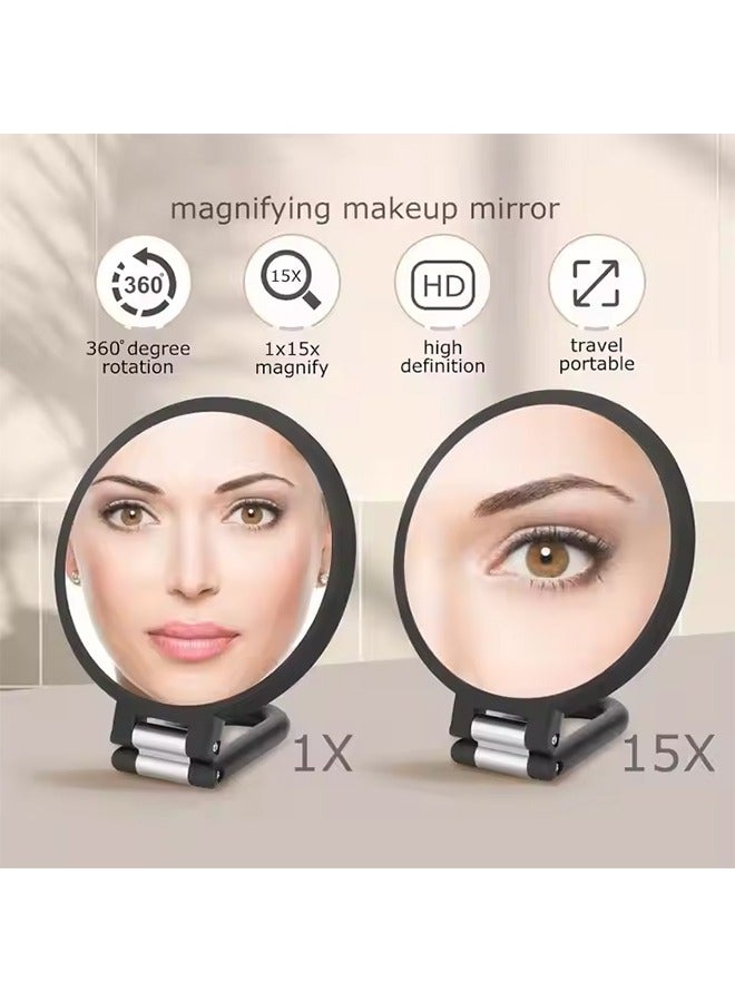 هاي هونور مرآة زينة محمولة باليد مزودة بمرآة تكبير للسفر 15x، مرآة يدوية صغيرة قابلة للطي على الجانبين مع مقبض للنساء، مقبض دوار 360 درجة، مرآة مكياج صغيرة للمكتب والطاولة (أسود) - Image 2
