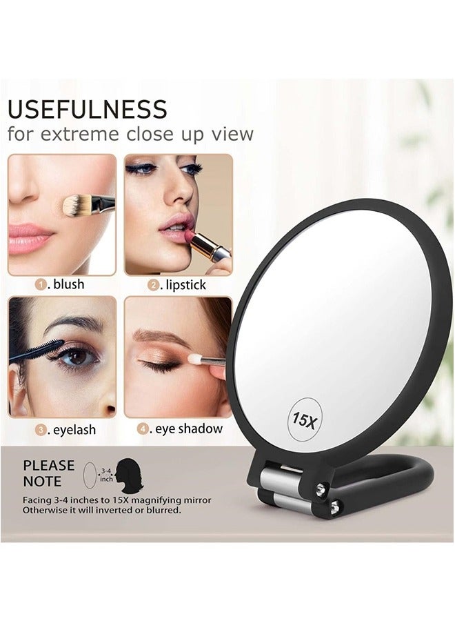 هاي هونور مرآة زينة محمولة باليد مزودة بمرآة تكبير للسفر 15x، مرآة يدوية صغيرة قابلة للطي على الجانبين مع مقبض للنساء، مقبض دوار 360 درجة، مرآة مكياج صغيرة للمكتب والطاولة (أسود) - Image 3