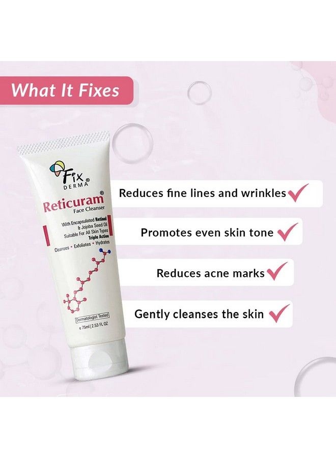 FIXDERMA 0.05% Retinol Reticuram Face Cleanser For All Skin Types Anti Ageing Retinol Face Cleanser Regulates Sebum Production Deep Pore Cleansing Soap Free Face Wash With Jojoba Oil 75Ml - Image 3