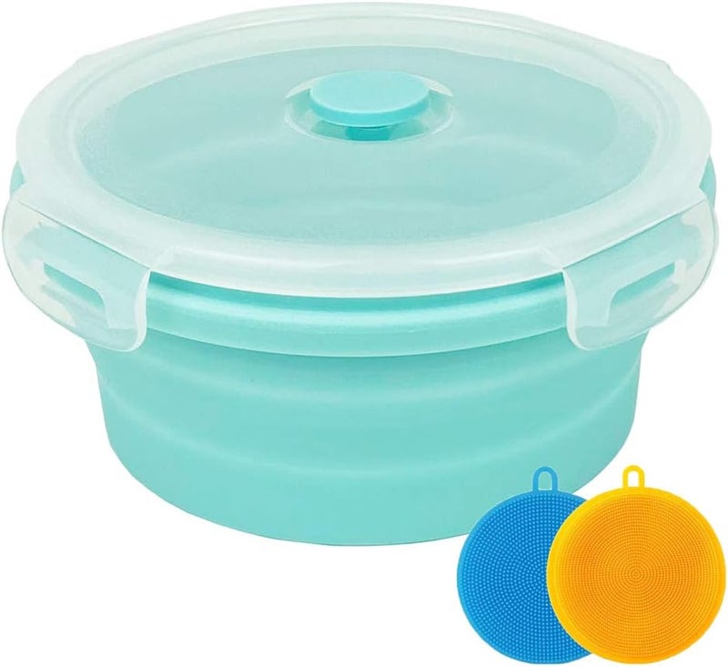 CARTINTS Small Collapsible Bowl Silicone Food Storage Containers Collapsible Camping Bowl for Travel Camping Hiking with Airtight Plastic Lids and 2Pack Silicone Dish Sponges- Blue, 500ml - Image 1