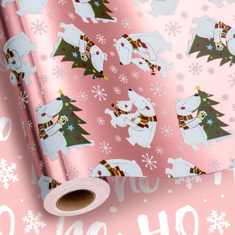 MAYPLUSS Kids Christmas Wrapping Paper Pink Wrapping Paper for Girl Cute Girly Winte Polar Bear Holiday Gift Wrap Metallic Foil Paper for Birthday Baby Shower Festive Decoration 17 Inch X 33 Feet - Image 2
