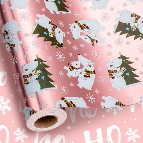 MAYPLUSS Kids Christmas Wrapping Paper Pink Wrapping Paper for Girl Cute Girly Winte Polar Bear Holiday Gift Wrap Metallic Foil Paper for Birthday Baby Shower Festive Decoration 17 Inch X 33 Feet - Image 1