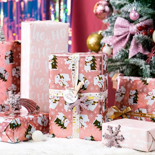 MAYPLUSS Kids Christmas Wrapping Paper Pink Wrapping Paper for Girl Cute Girly Winte Polar Bear Holiday Gift Wrap Metallic Foil Paper for Birthday Baby Shower Festive Decoration 17 Inch X 33 Feet - Image 3