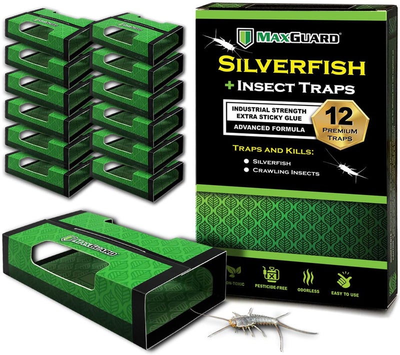 MaxGuard Silverfish + Insect Traps (12 pcs Box Trap) | Non-Toxic Extra Sticky Glue Traps, Kill All Silverfish, Centipedes, and Other Crawling Bugs and Insects | - Image 1