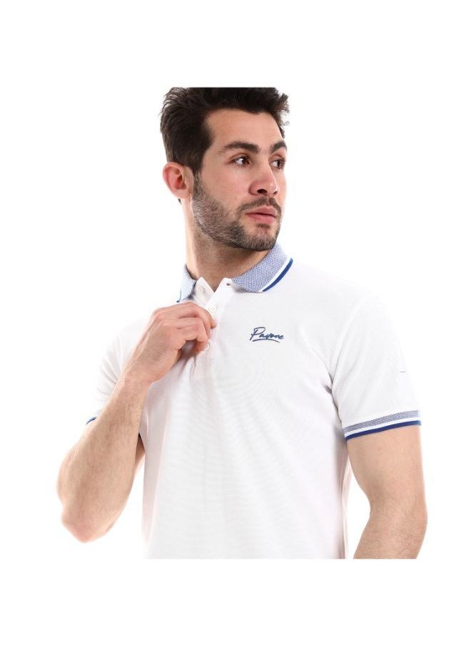Pavone - Turn Down Collar Pique Patterned Celeste Polo Shirt with Sided Slits  White - Image 1