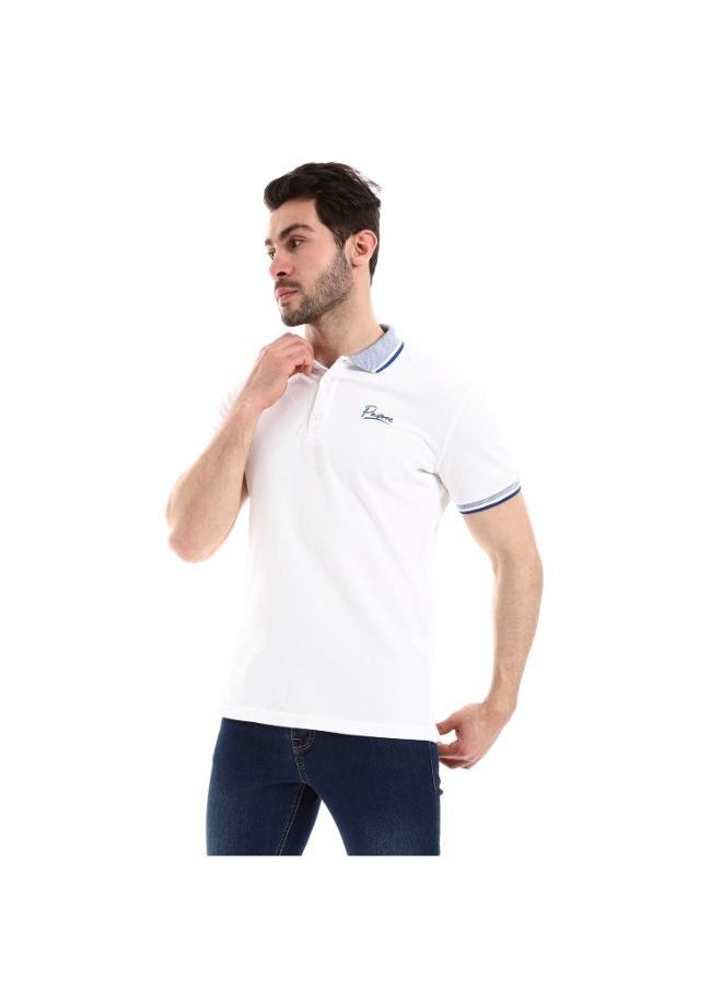 Pavone - Turn Down Collar Pique Patterned Celeste Polo Shirt with Sided Slits  White - Image 1