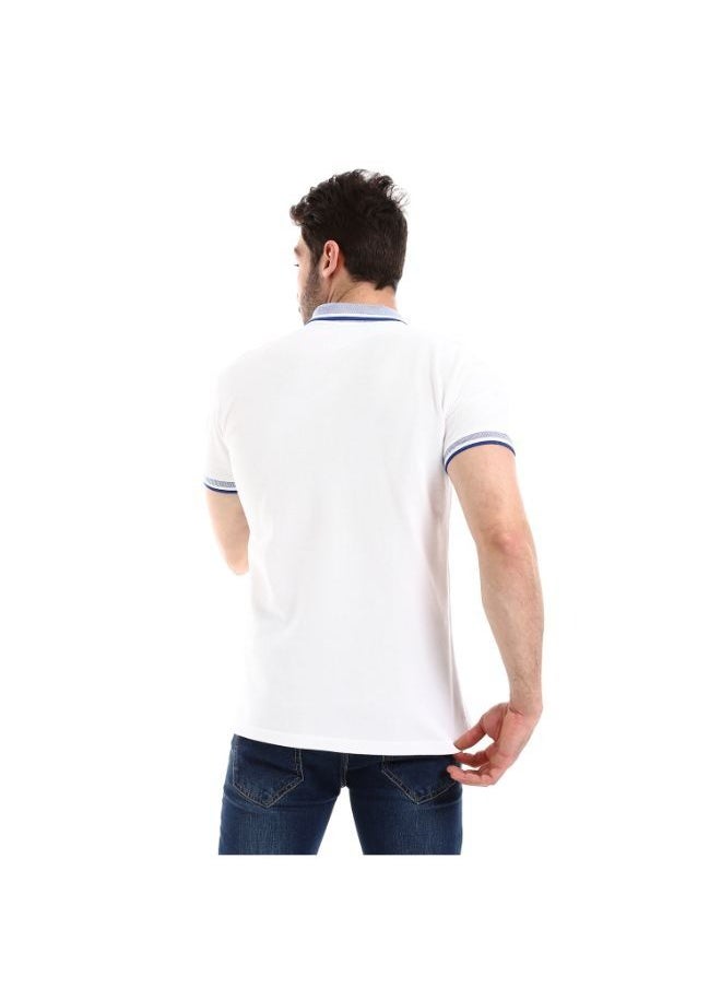 Pavone - Turn Down Collar Pique Patterned Celeste Polo Shirt with Sided Slits  White - Image 1