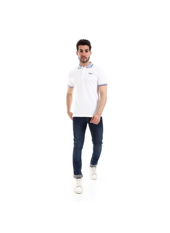 Pavone - Turn Down Collar Pique Patterned Celeste Polo Shirt with Sided Slits  White - Image 1