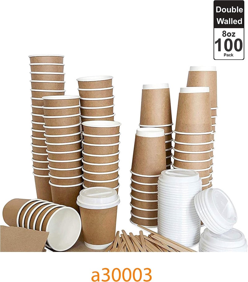 TPS Double Walled Disposable Paper Coffee Cups With Lids and Stirring Sticks and Napkins (8OZ) - Image 2