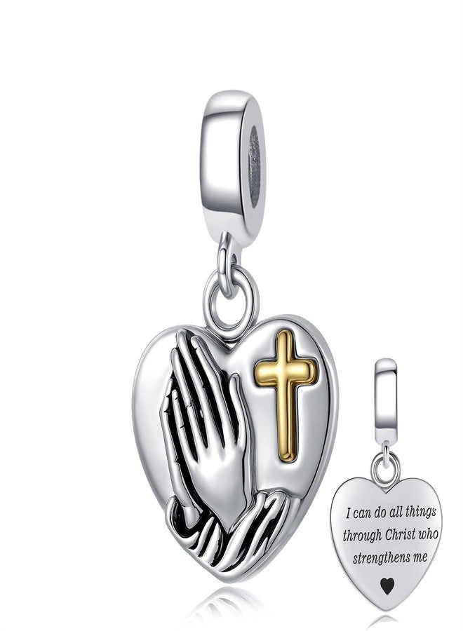 QeenseKc Praying Hands Cross Heart Dangle Charm Bible Verse Engraved Philippians 4:13 Bead Compatible with Pandora Bracelet Women Gift - Image 1
