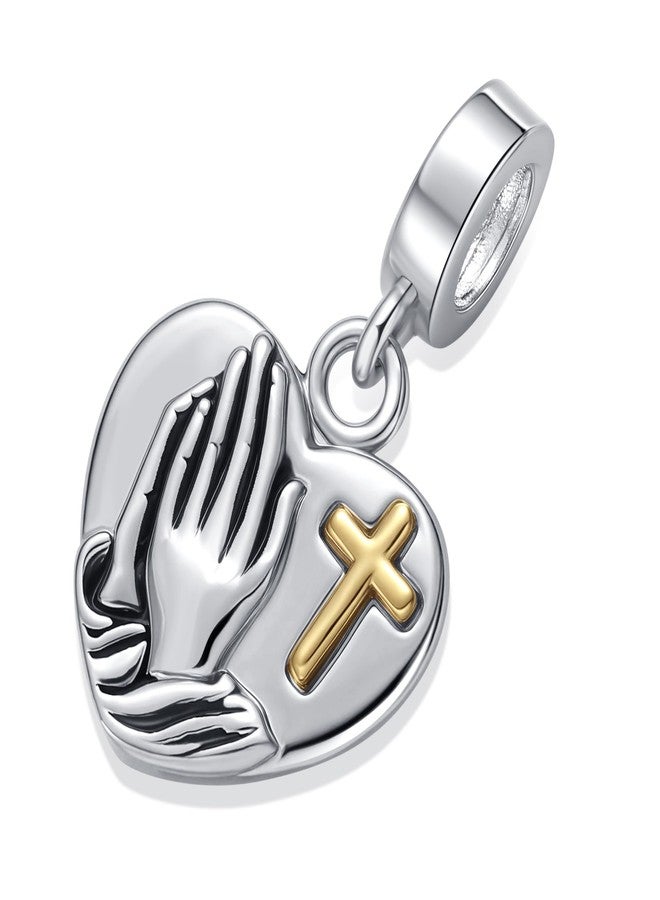 QeenseKc Praying Hands Cross Heart Dangle Charm Bible Verse Engraved Philippians 4:13 Bead Compatible with Pandora Bracelet Women Gift - Image 2