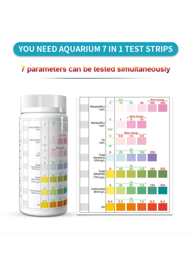 شرائط اختبار أحواض السمك، 7 في 1، لأحواض أسماك المياه العذبة والمالحة، لقياس صلابة الماء، النترات، النتريت، الكلور، القلوية، الكربونات الكلية، ودرجة الحموضة. - Image 2