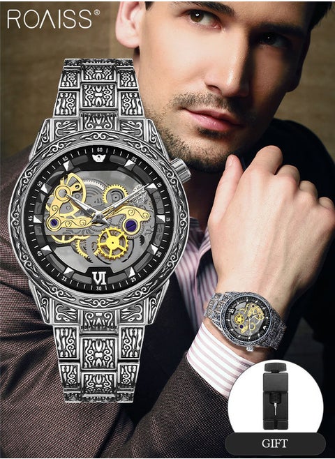 Men's Stainless Steel Strap Quartz Watch Analog Display Round Transparent Hollow Dial Imitating Mechanical Watch Design Waterproof Luminous Wristwatch as Gift for Men