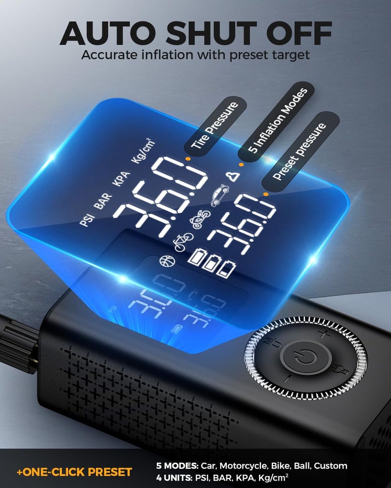 Evekas Tire Inflator Portable Air Compressor with Type-C Charging, Digital Pressure Gauge, LED Light, Smart Air Pump for Car, Motorcycle, Bike, Ball - Image 3