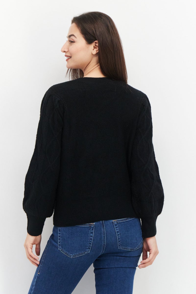 1 State Women Crew Neck Long Sleeve Textured Sweater, Black - Image 3