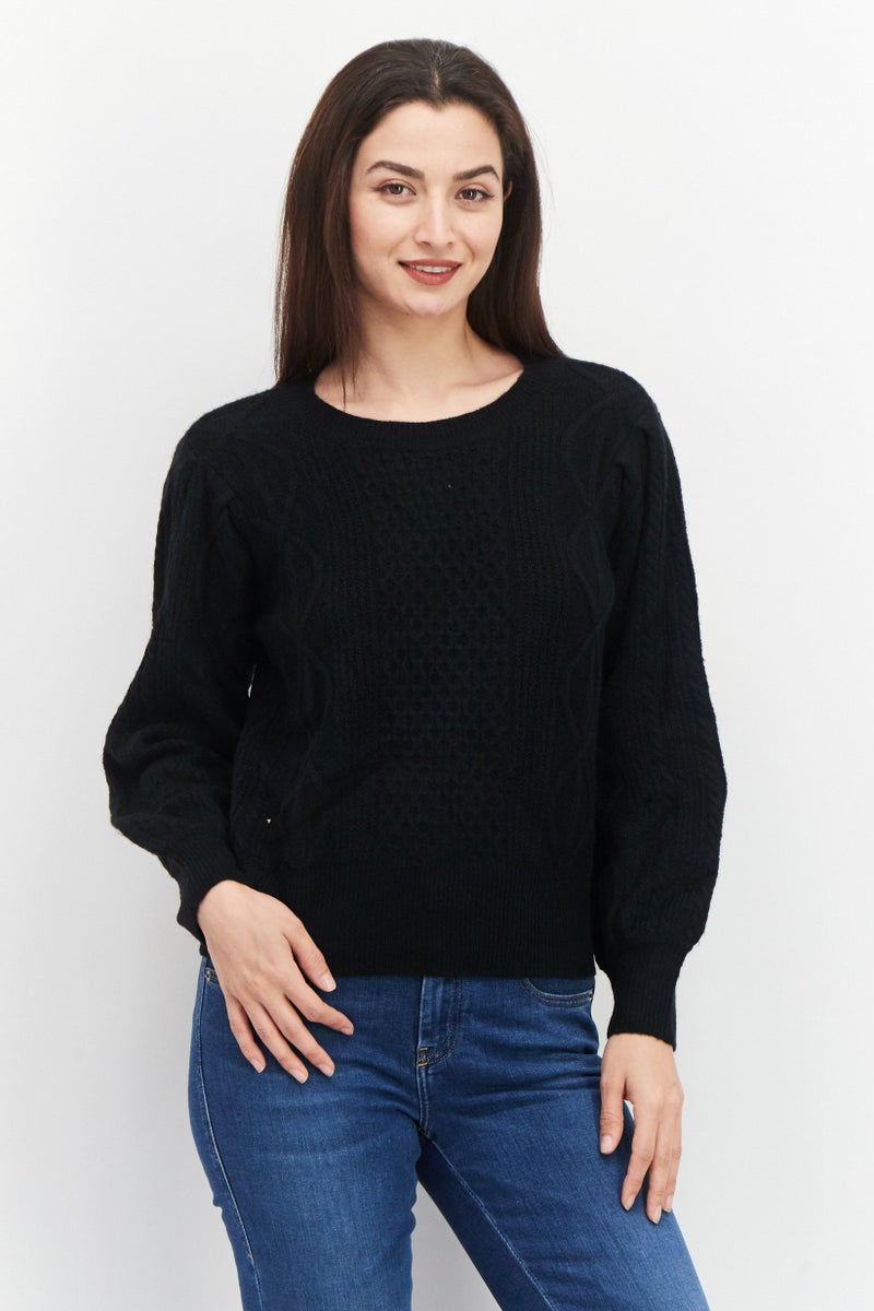 1 State Women Crew Neck Long Sleeve Textured Sweater, Black - Image 1