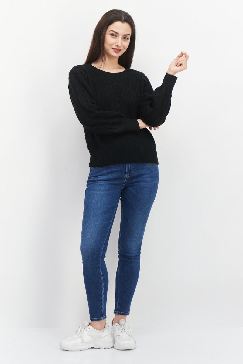 1 State Women Crew Neck Long Sleeve Textured Sweater, Black - Image 2