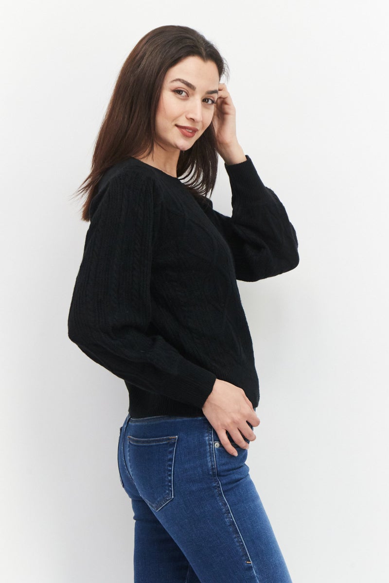 1 State Women Crew Neck Long Sleeve Textured Sweater, Black - Image 2