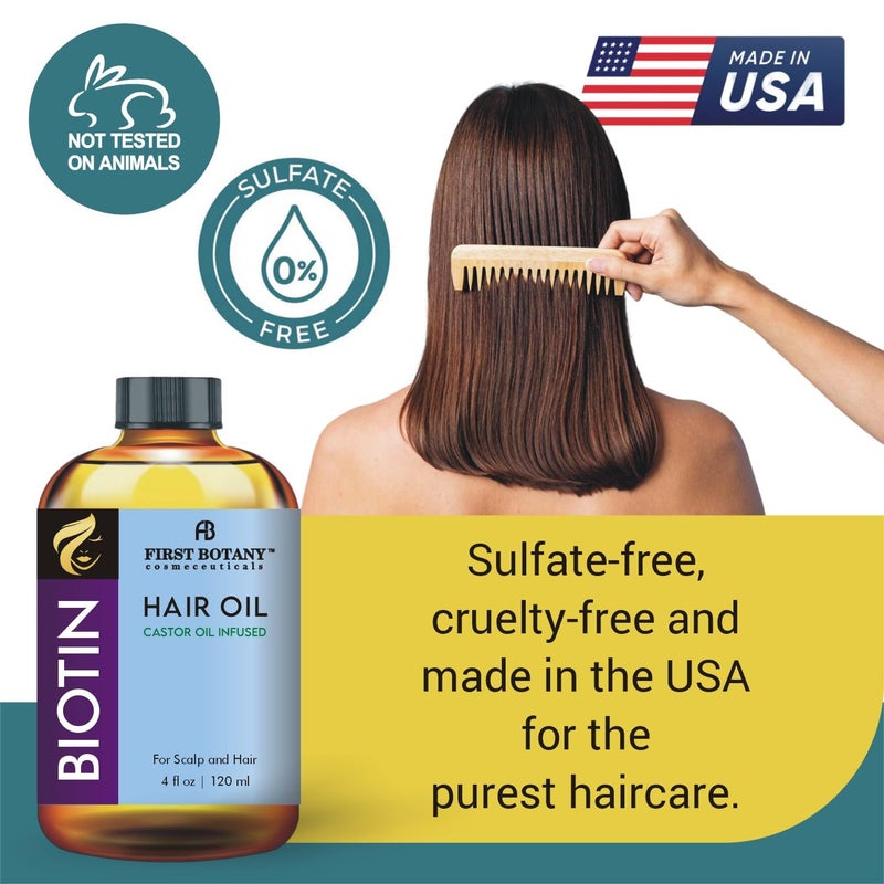 First Botany Biotin Castor Oil Encourages Hair Growth, Scalp & Hair Strengthening Serum, Nourishing Treatment for Split Ends, Dry Scalp, Safe for All Hair Types, 4 fl oz - Image 4