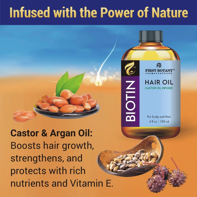 First Botany Biotin Castor Oil Encourages Hair Growth, Scalp & Hair Strengthening Serum, Nourishing Treatment for Split Ends, Dry Scalp, Safe for All Hair Types, 4 fl oz - Image 3