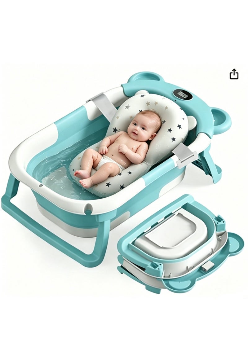 XICEN Foldable Baby Bath tub with Bath Pillow, Real Time Water Temperature Display, Drain Hole, Portable Collapsible Anti Slip Bathtub - Image 1