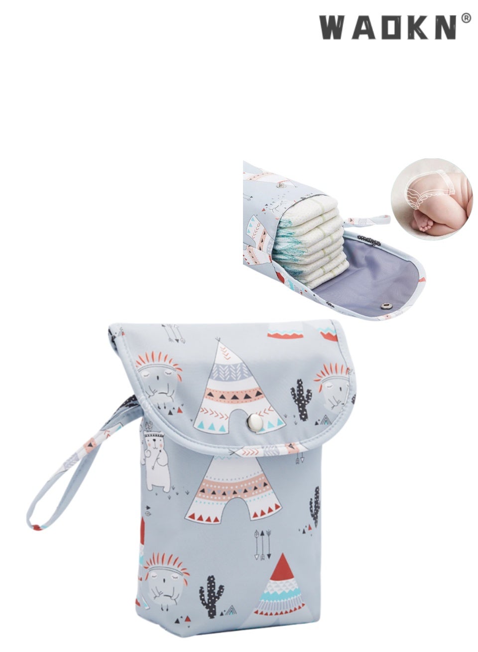 WAOKN Baby Diaper Bag,Waterproof Oxford Fabric Mini Mummy Diaper Storage Bag , Wet Dry Separation Portable Nappy Organizer Pouch, Lightweight Stroller Hook Design Travel Baby Essentials Carry Purse(Dr