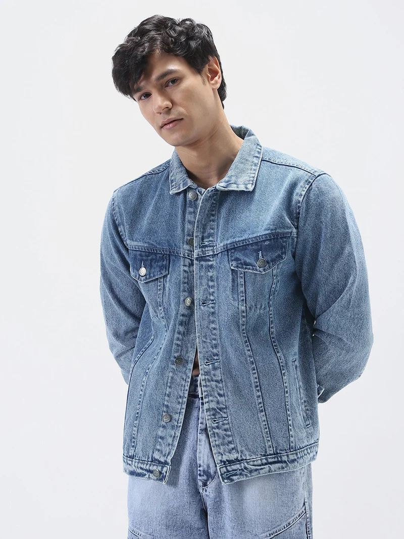 Urbano Fashion Urbano Fashion Men's Light Blue Regular Fit Washed Full Sleeve Denim Jacket
