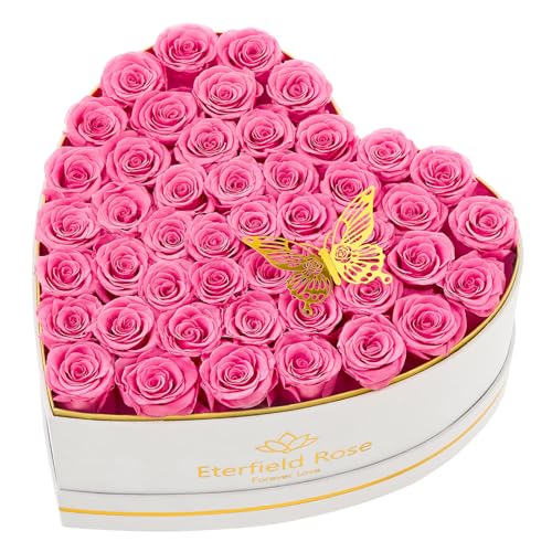 Eterfield Forever Flowers in Heart Shape Box, Preserved Roses That Last a Year Preserved Flowers Birthday for Her Mom Women Wife Valentine's Day Mother's Day (47 Roses, Pink) - Image 1