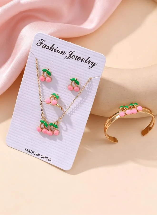 Girls Pink Cherry Charm Necklace, Earrings, Ring and Bracelet Set
