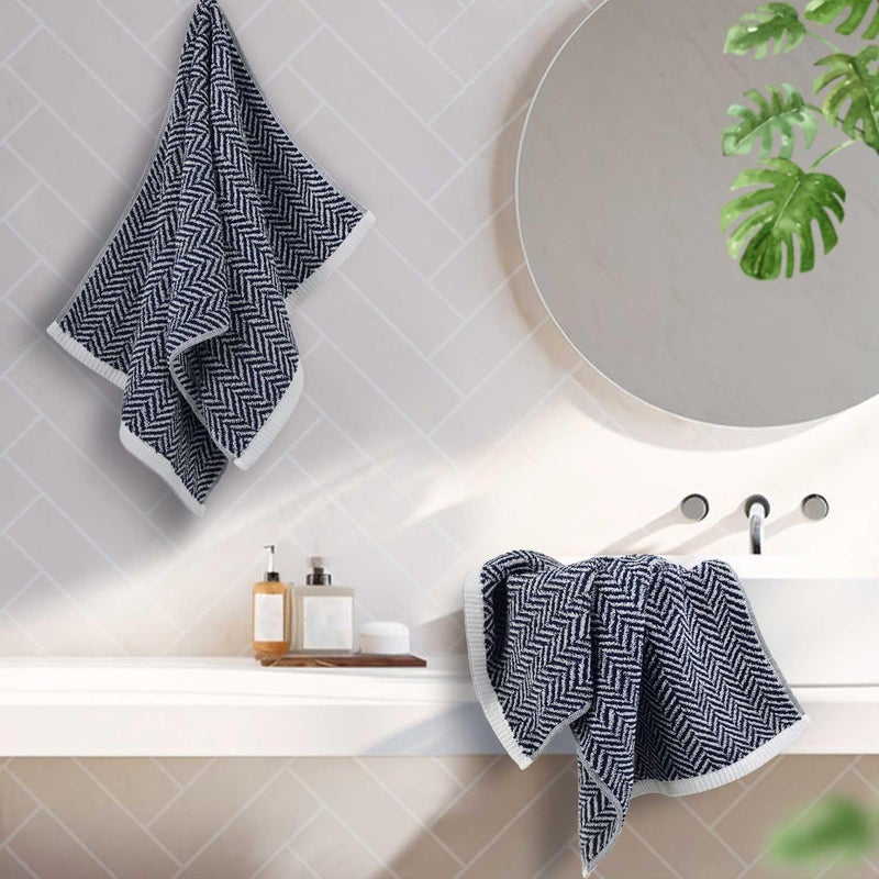 Cleanbear Hand Towels for Bathroom with Decorative Herringbone Stripes, 100% Cotton, 13 x 28 Inches, Navy-Blue and White, 2 Pack - Image 3