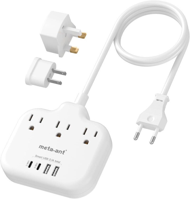 meta-ant European Travel Plug Adapter, US to European Plug Adapter with 3 American Outlets & 4 USB, 5ft Europea Power Cord, International Travel Power Strip, Type C for Europe EU Germany France, Travel, White - Image 1