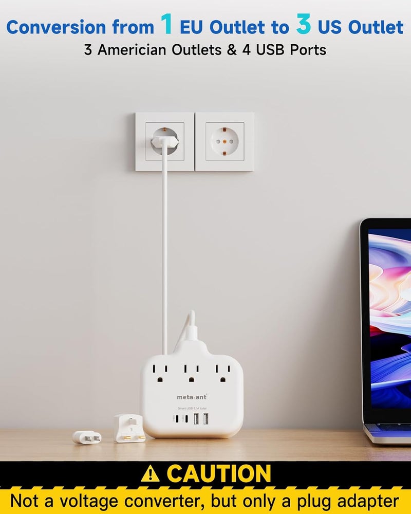 meta-ant European Travel Plug Adapter, US to European Plug Adapter with 3 American Outlets & 4 USB, 5ft Europea Power Cord, International Travel Power Strip, Type C for Europe EU Germany France, Travel, White - Image 4