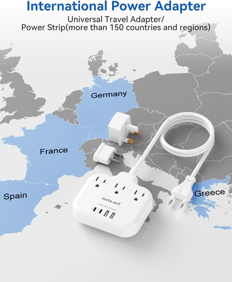 meta-ant European Travel Plug Adapter, US to European Plug Adapter with 3 American Outlets & 4 USB, 5ft Europea Power Cord, International Travel Power Strip, Type C for Europe EU Germany France, Travel, White - Image 2