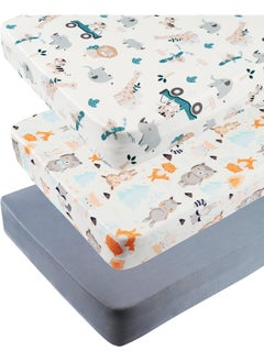 Tontukatu Pack n Play Sheet Stretchy Fitted Portable Mini Crib Sheets Set 3 Pack, Playard Sheets Convertible Playard Mattress Cover, Ultra Soft Jersey Material, Elephant Tiger, Fox & Grey  - Image 1