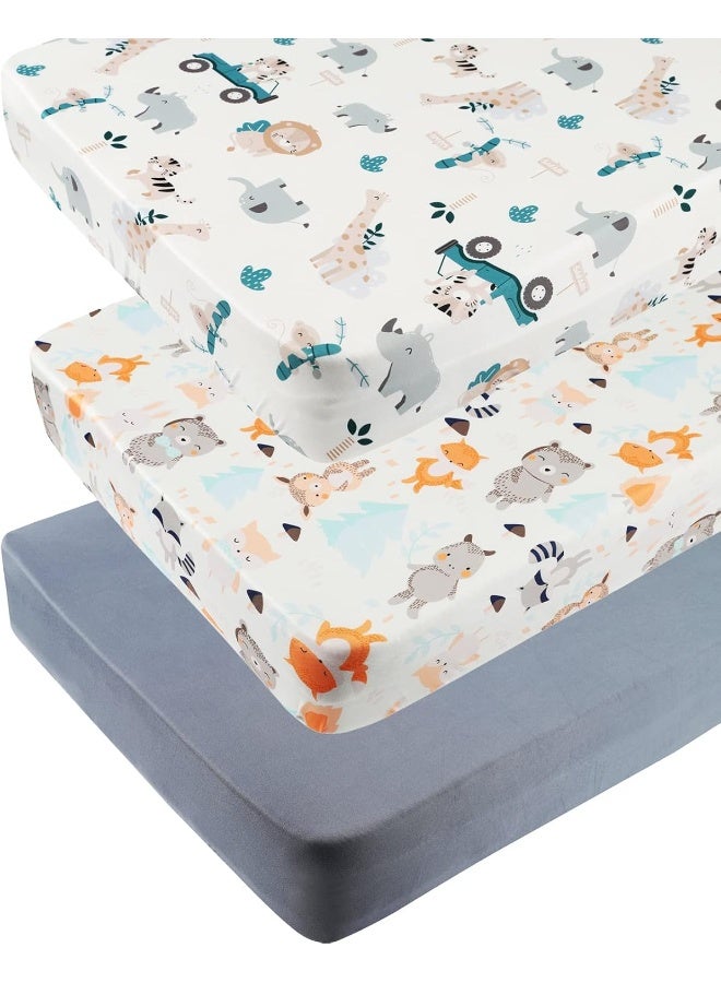 Tontukatu Pack n Play Sheet Stretchy Fitted Portable Mini Crib Sheets Set 3 Pack, Playard Sheets Convertible Playard Mattress Cover, Ultra Soft Jersey Material, Elephant Tiger, Fox & Grey  - Image 1