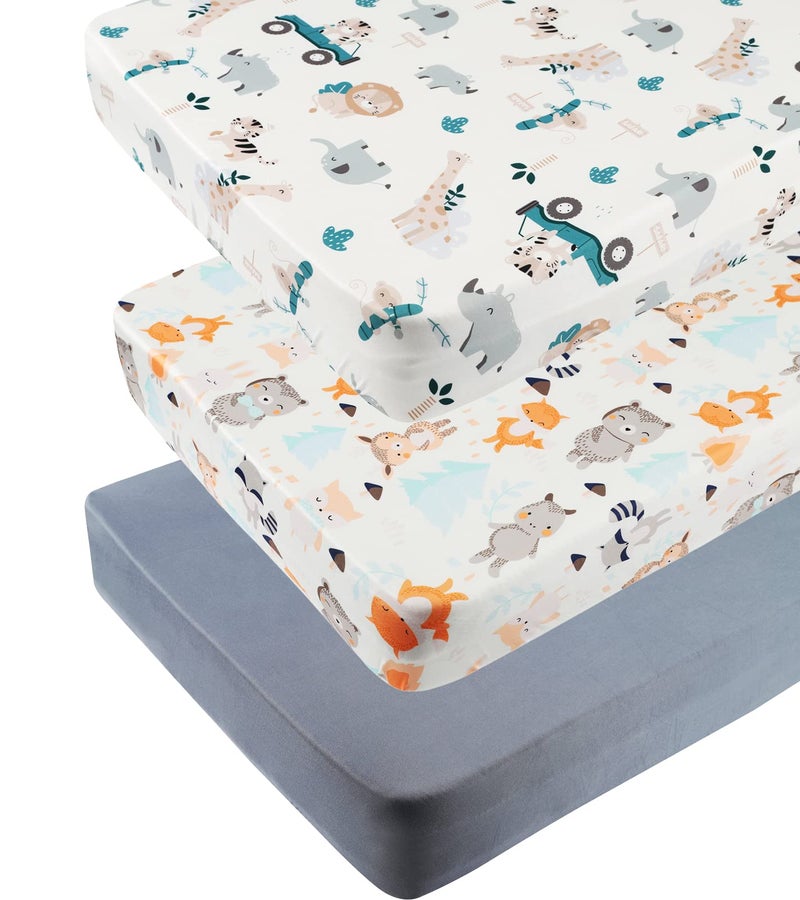 Tontukatu Pack n Play Sheet Stretchy Fitted Portable Mini Crib Sheets Set 3 Pack,Playard Sheets Convertible Playard Mattress Cover,Ultra Soft Jersey Material,Elephant Tiger,Fox & Grey - Image 1