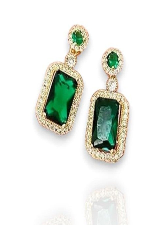 KHUSHA CREATIONS Korean Stylish Green Drop Earrings for Women - Gold Plated Statement Dangle Earrings with Cubic Zirconia - Elegant Evening Jewelry for Weddings, Parties & Gifts - Image 1