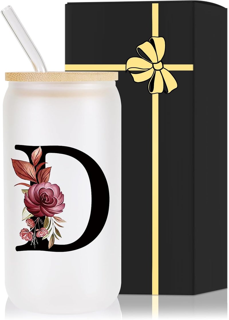 Wulcea Monogrammed Glass Drinking Cup With Lid Straw Cool Grandma Grandmother Nana Glamma Mawmaw Yaya Abuela Abuelita Grandmas Mamaw Memaw Mimi Nonna Granny Oma Meme Christmas Xmas Present Gifts,D - Image 1