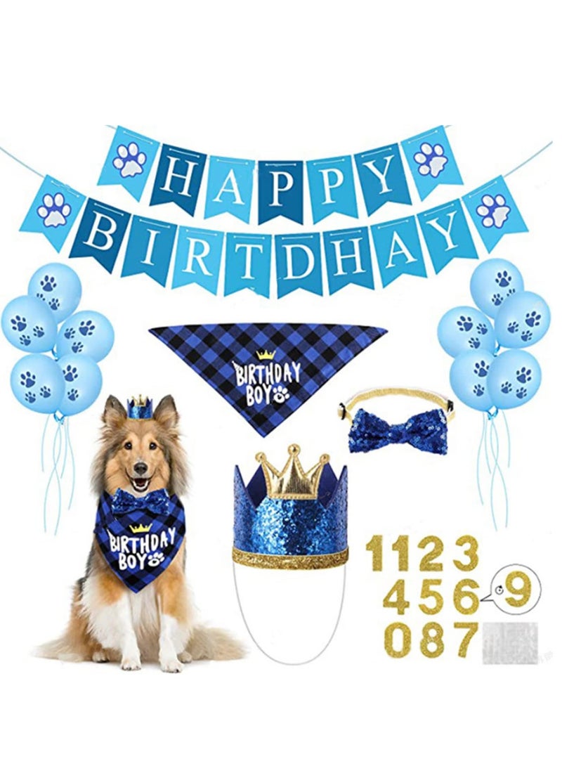 Dog Birthday Party Supplies Dog Birthday Bandana Boy with Dog Birthday Party Number Hat Bowtie Paw Balloons Dog Happy Birthday Banner for Dog Puppy Birthday Party Supplies - Image 1
