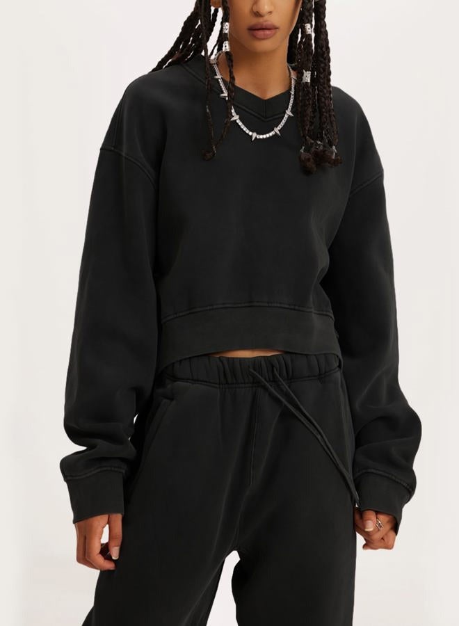 Flygo Women Sweat Set Sweatsuit Fleece 2 Piece Joggers Tracksuit Outfits Crop Sweatshirt Sweatpants Sets(Black-L) - Image 2