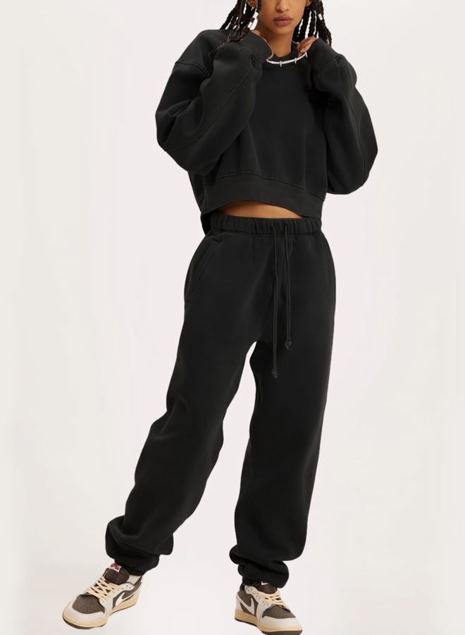 Flygo Women Sweat Set Sweatsuit Fleece 2 Piece Joggers Tracksuit Outfits Crop Sweatshirt Sweatpants Sets(Black-L) - Image 3