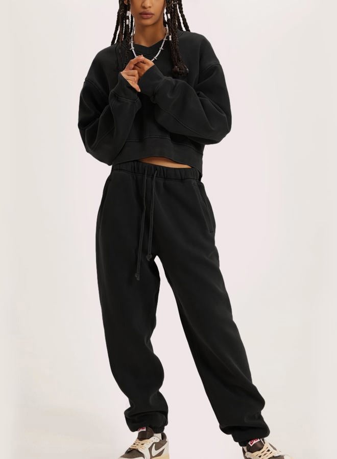 Flygo Women Sweat Set Sweatsuit Fleece 2 Piece Joggers Tracksuit Outfits Crop Sweatshirt Sweatpants Sets(Black-L) - Image 4